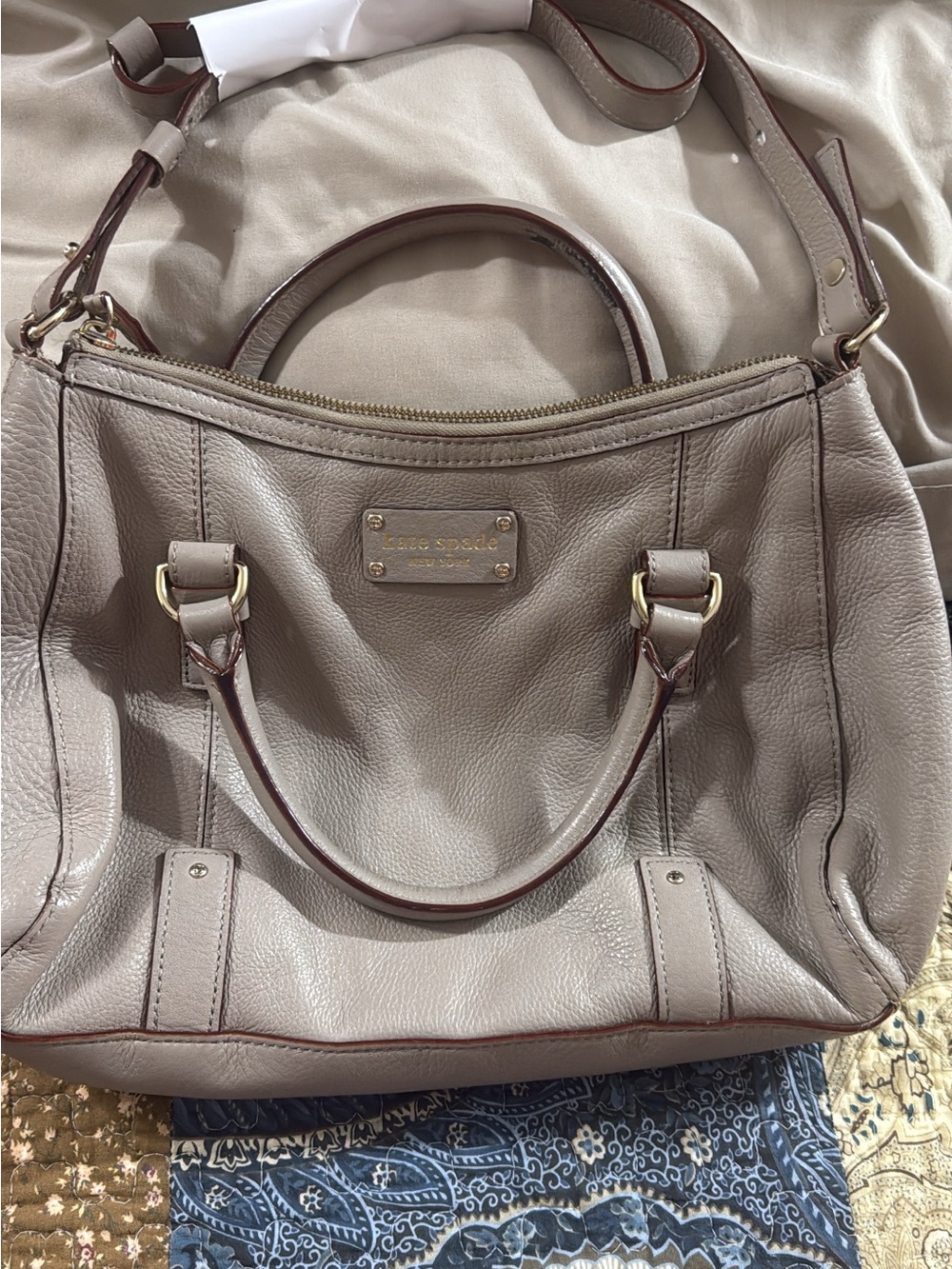 kate spade taupe pebbled leather satchel with gold hardware